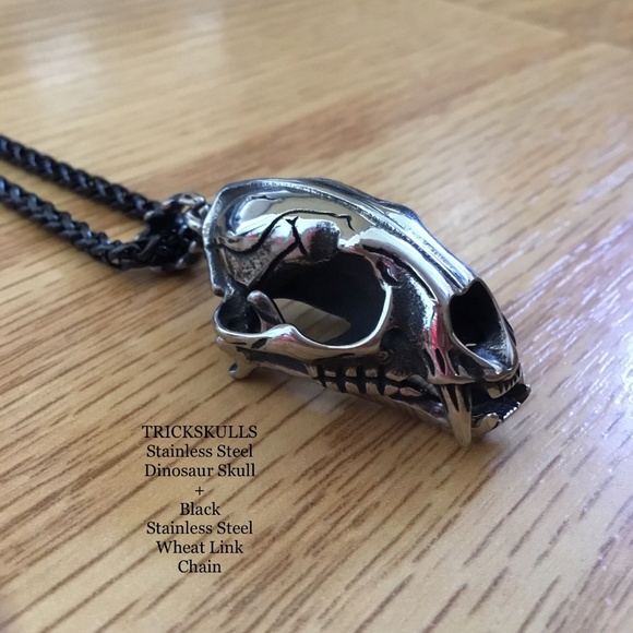 Sabre-Toothed Tiger Smilodon Big Cat Dinosaur Skull Stainless Pendant & Chain - Picture 1 of 15